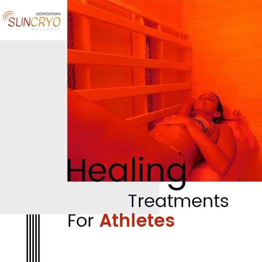Athlete healing treatments in red light therapy.
