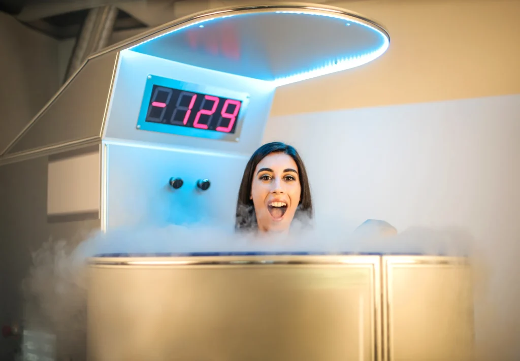Woman in a cryotherapy chamber.