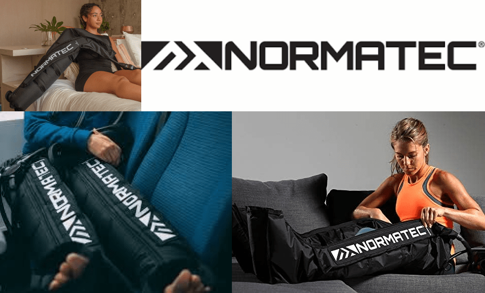 A collage of photos with the normatec device.