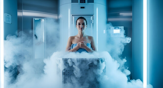 Person in cryotherapy chamber surrounded by vapor.